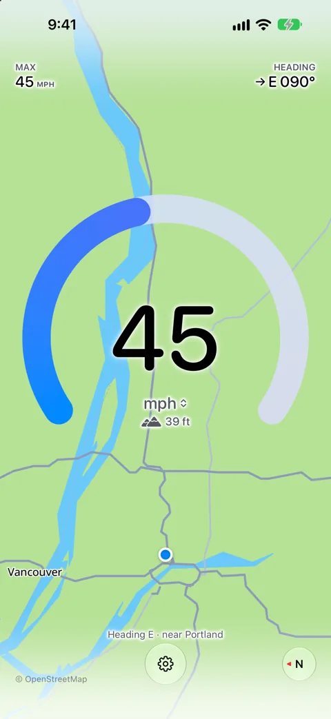 Speedometer One at 45 mph heading east near Portland, with the map background, max speed, heading and elevation