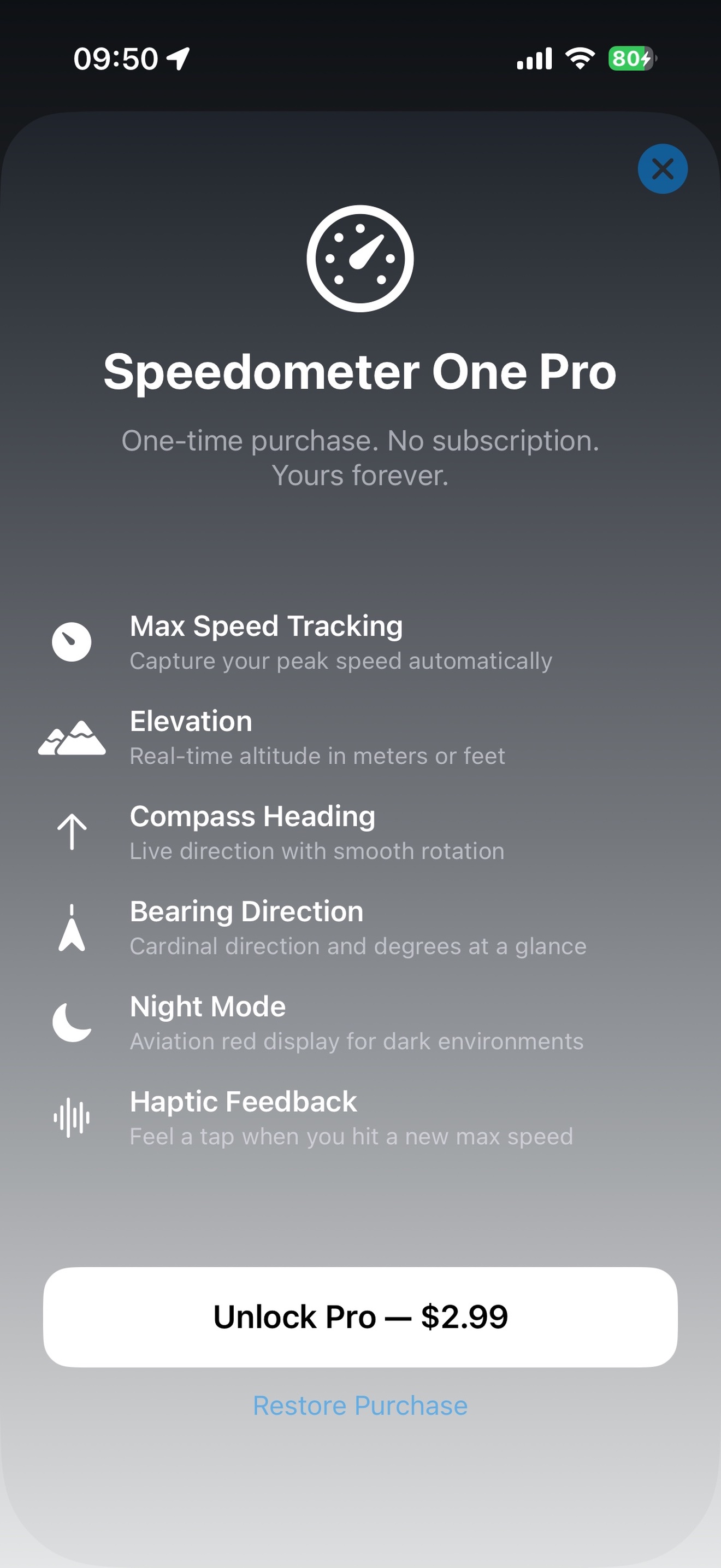 Speedometer One Pro upgrade screen