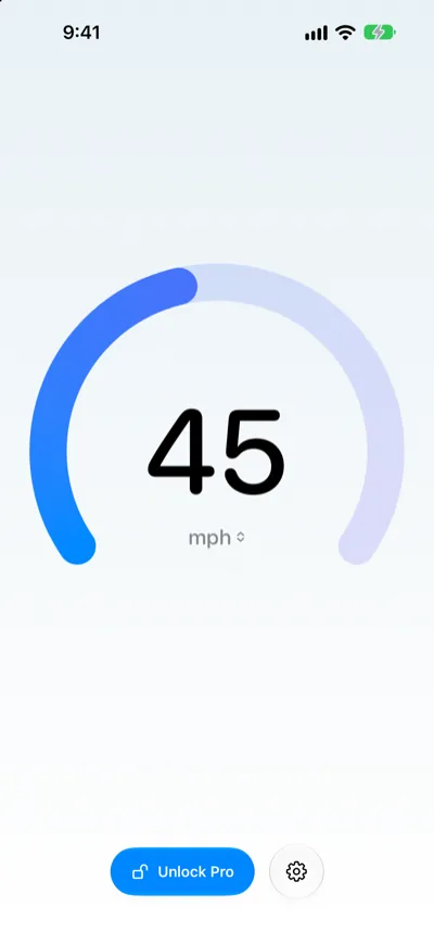 Speedometer One showing 45 mph on the gauge, with the Unlock Pro and Settings buttons