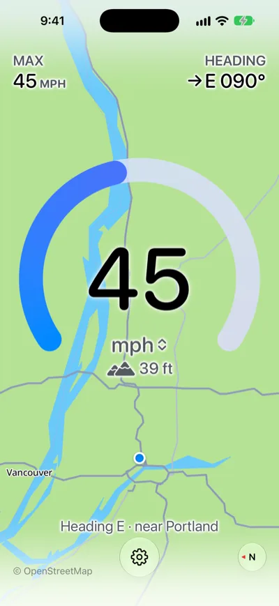 Speedometer One with an accessibility text size: larger MAX, HEADING, unit, elevation and heading line around 45 mph