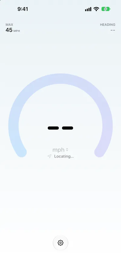 Speedometer One showing -- and Locating… while it waits for a GPS fix