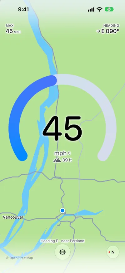 Speedometer One at 45 mph heading east near Portland, with the map background, MAX 45 mph, heading E 090° and elevation 39 ft
