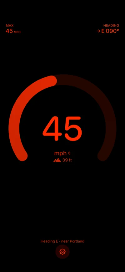Speedometer One in Night Mode, showing 45 mph, MAX, heading and elevation in red on black