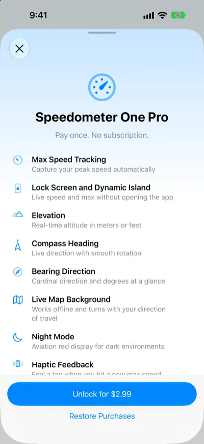 The Speedometer One Pro screen listing its features, with Unlock for $2.99 and Restore Purchases