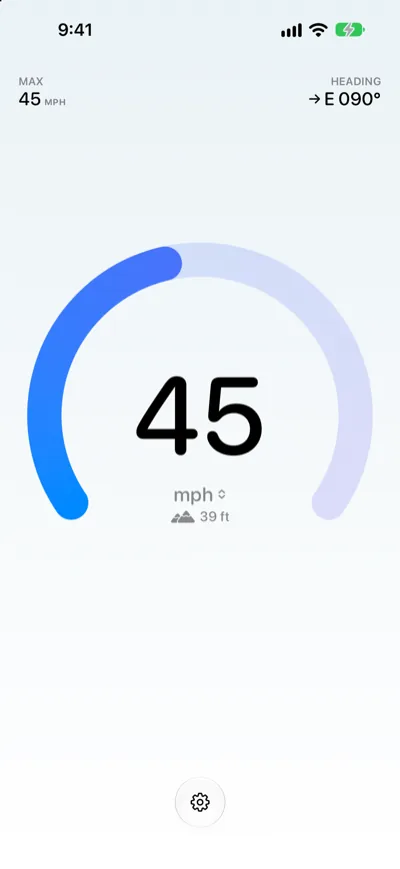 Speedometer One at 45 mph with MAX 45 mph at the top left, HEADING E 090° at the top right and elevation 39 ft below the unit