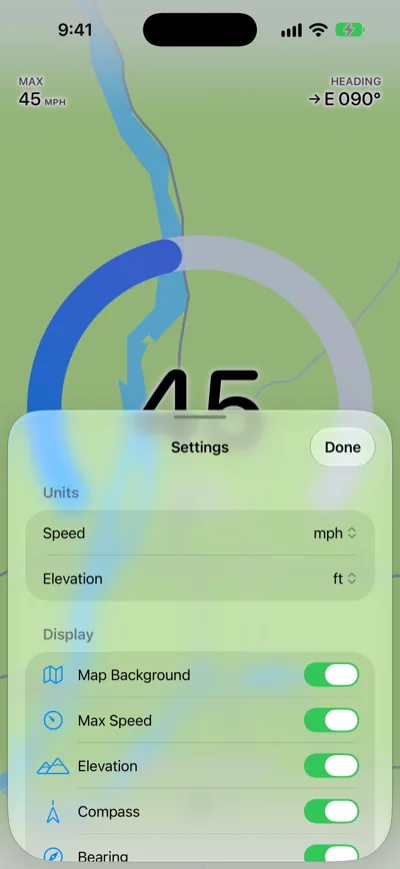 Speedometer One Settings with Speed set to mph, Elevation set to ft, and Map Background, Max Speed, Elevation, Compass and Bearing turned on