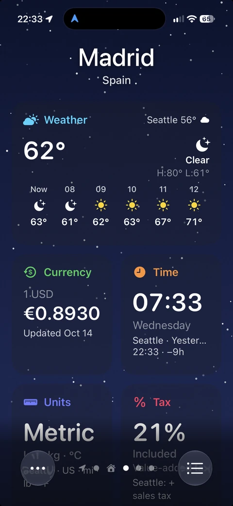 Travel One board for Madrid with Seattle as Home, showing Weather, Currency, Time, Units and Tax tiles