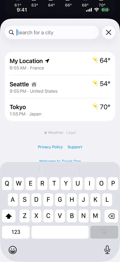 The Cities list with My Location (Paris), Seattle, and Tokyo, and the Search for a city field.