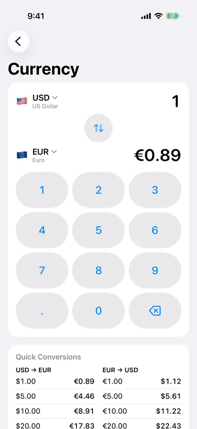 The currency converter from US dollars to euros, with the keypad and Quick Conversions.