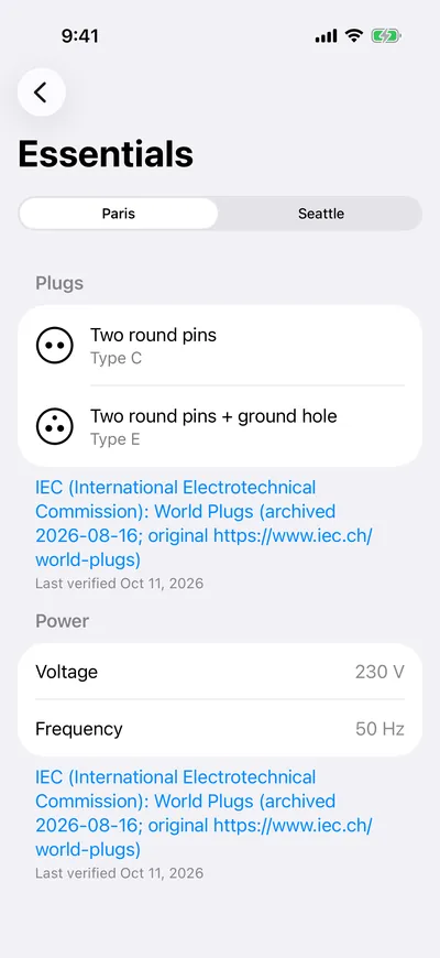 Essentials details for Paris: two round pins, and two round pins with a ground hole, with 230 V and 50 Hz power.